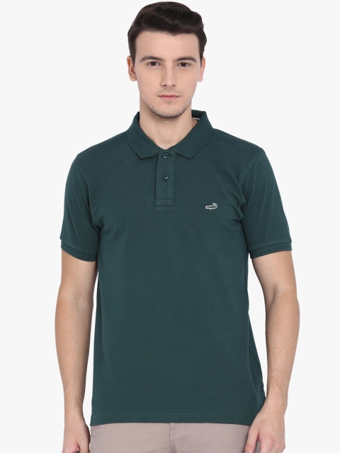 Crocodile Men Green Solid Polo Collar T-shirt