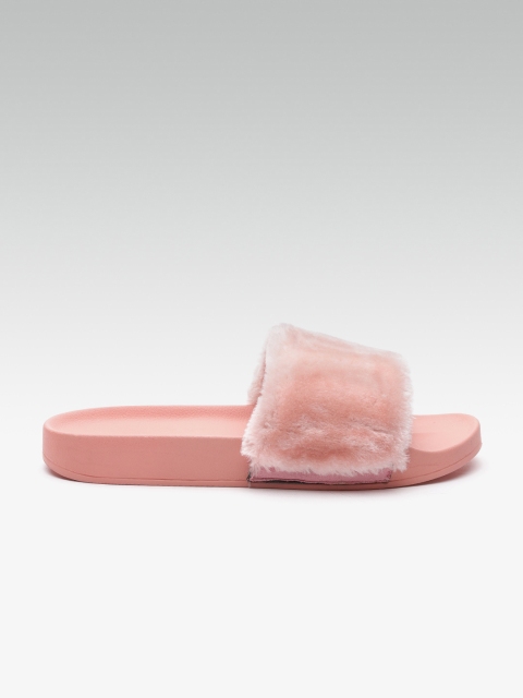 Carlton London Women Pink Faux Fur Open Toe Flats