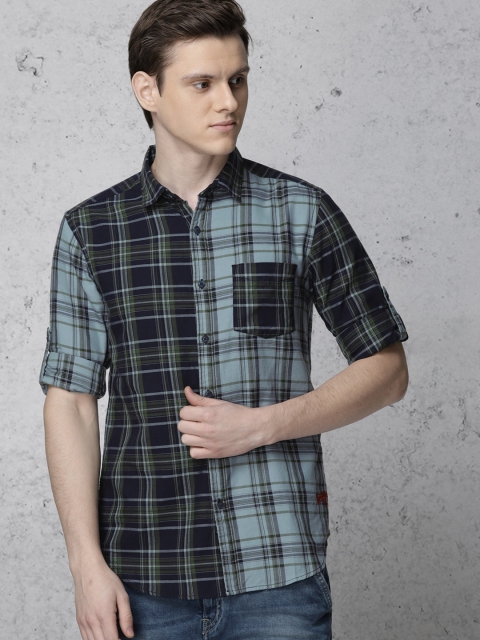 Ecko Unltd Men Navy Blue & Green Slim Fit Checked Casual Shirt