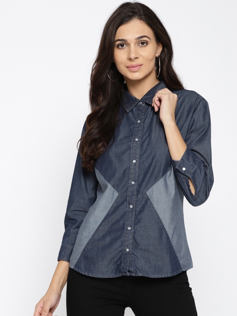 Xpose Women Navy Blue Colourblocked Regular Fit Casual Shirt