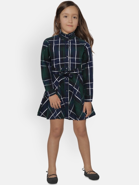 United Colors of Benetton Girls Green & Navy Blue Checked Shirt Dress