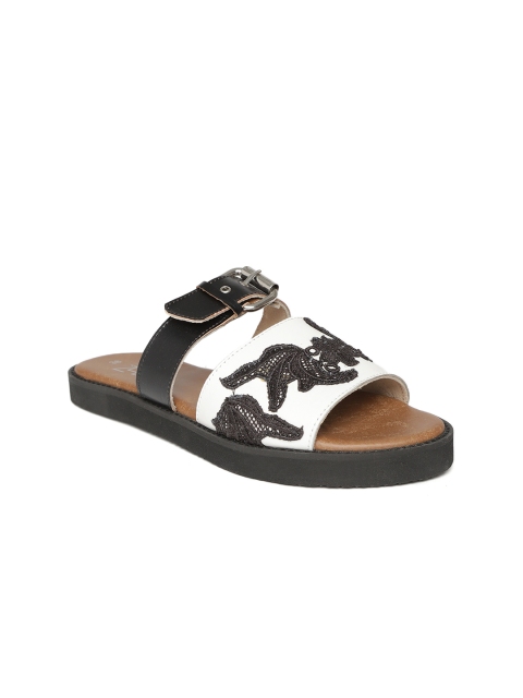 Zebba Women White & Black Lace Leather Open Toe Flats