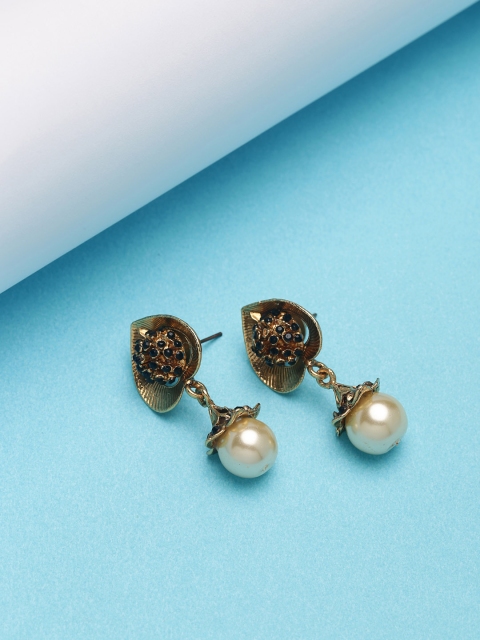 PANASH Gold-Toned & Black Heart Shaped Drop Earrings