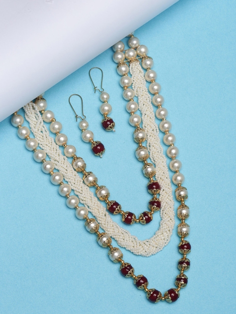 PANASH Gold-Toned & White Pearl Studded Beaded Handcrafted Jewellery Set