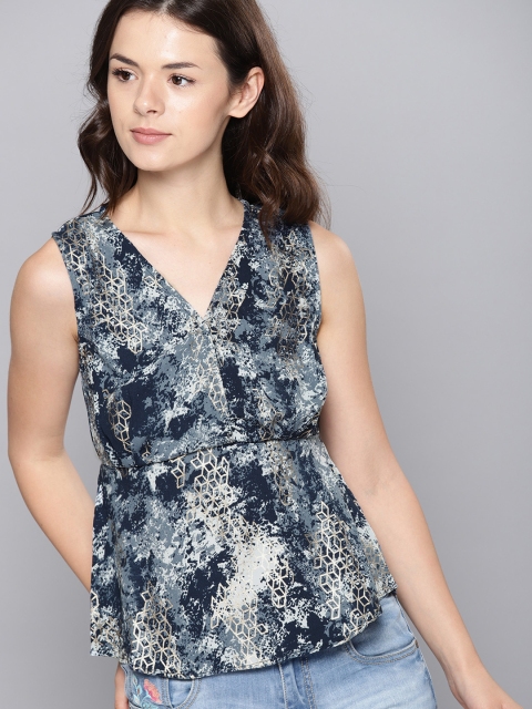 NUSH Women Blue Printed Empire Top