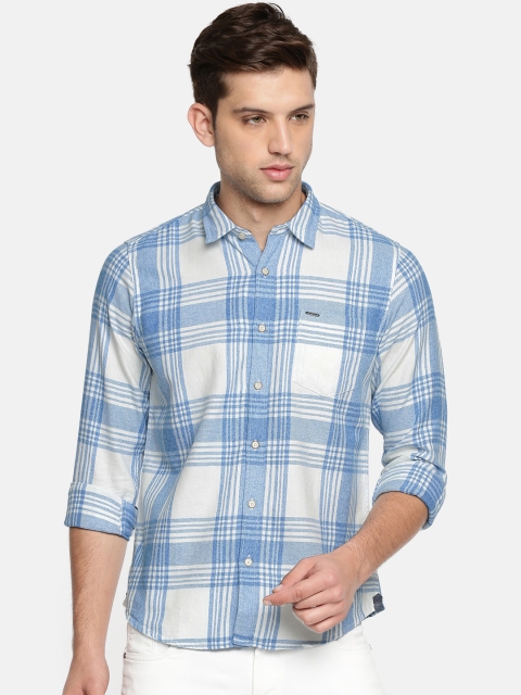 Pepe Jeans Men White & Blue Regular Fit Checked Casual Shirt