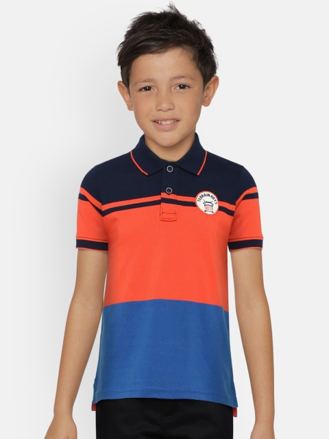 Indian Terrain Boys Blue & Coral Colourblocked Polo Collar T-shirt