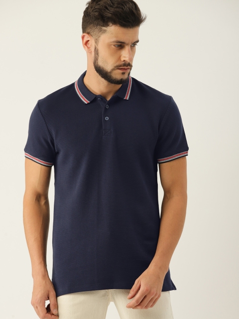 United Colors of Benetton Men Navy Blue Self Striped Polo Collar T-shirt