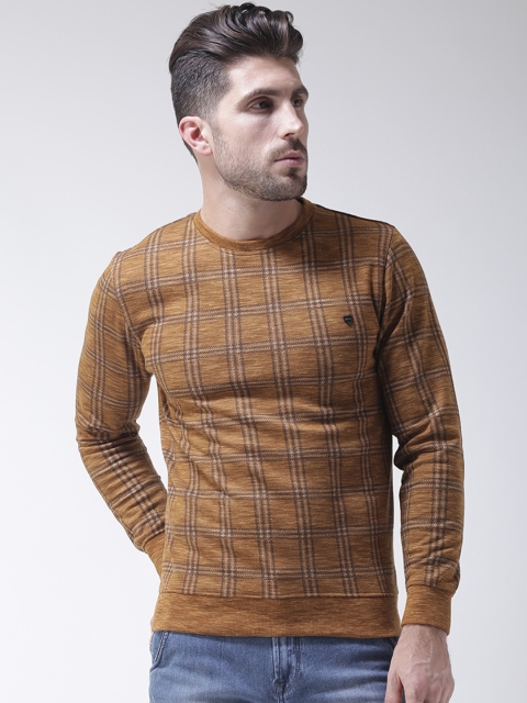 Okane Men Mustard Brown Checked Sweatshirt