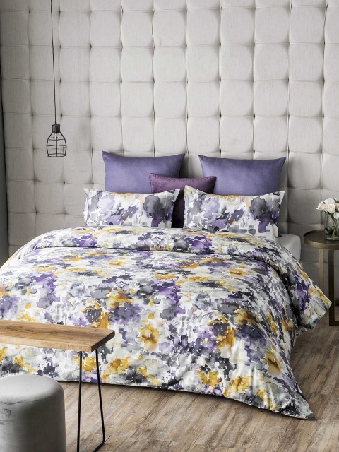 DDecor Purple & Yellow Abstract Flat 210 TC Cotton King Bedsheet with 2 Pillow Covers