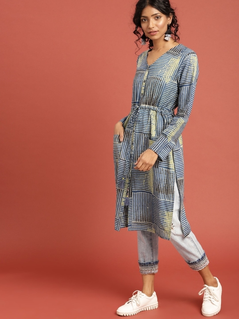 Taavi Women Blue & Green Indigo Hand Block Print Sustainable Kurta with Pockets