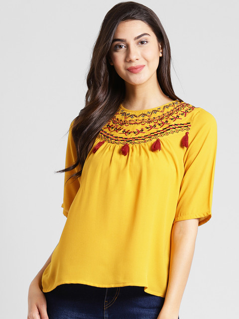 plusS Women Mustard Yellow Embroidered Solid Top 
plusS Women Mustard Yellow Embroidered Solid Top