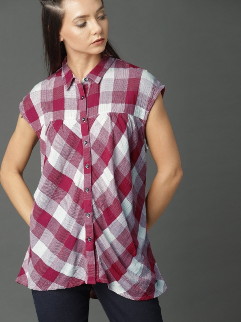 Roadster Women Off-White Checked Shirt Style Top