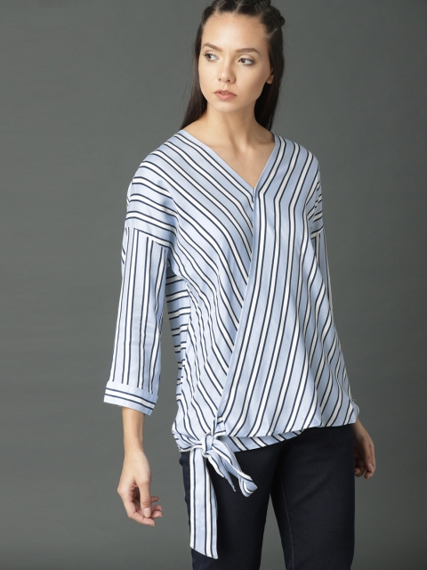 Roadster Women Blue & White Striped Wrap Top