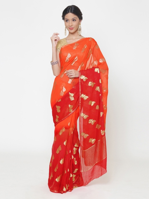 Chhabra 555 Orange & Red Poly Georgette Woven Design Leheriya Saree