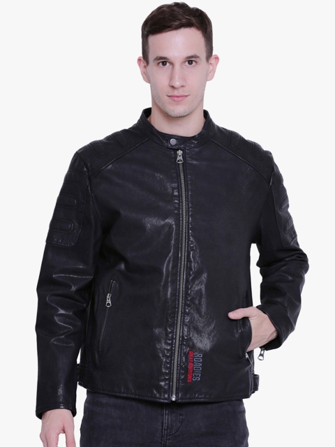 Justanned Men Navy Blue Solid Biker Jacket