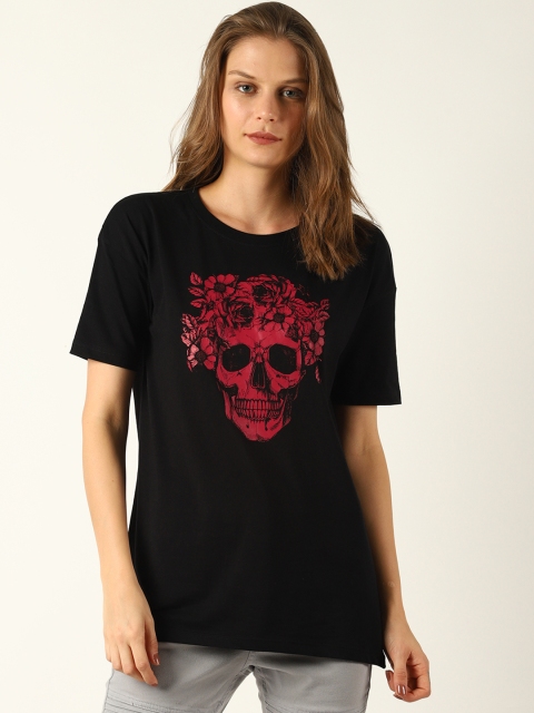 Blue Saint Women Black Printed Round Neck T-shirt