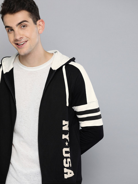 HERE&NOW Men Black & White Printed Hooded Front-Open Sweatshirt 
HERE&NOW Men Black & White Printed Hooded Front-Open Sweatshirt