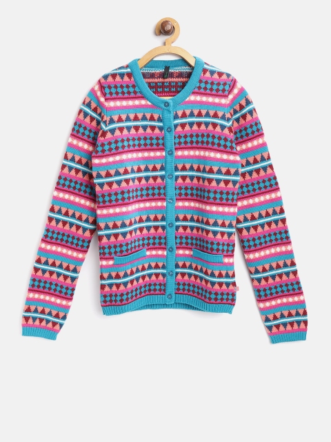 United Colors of Benetton Girls Blue & Maroon Fair Isle Pattern Cardigan
