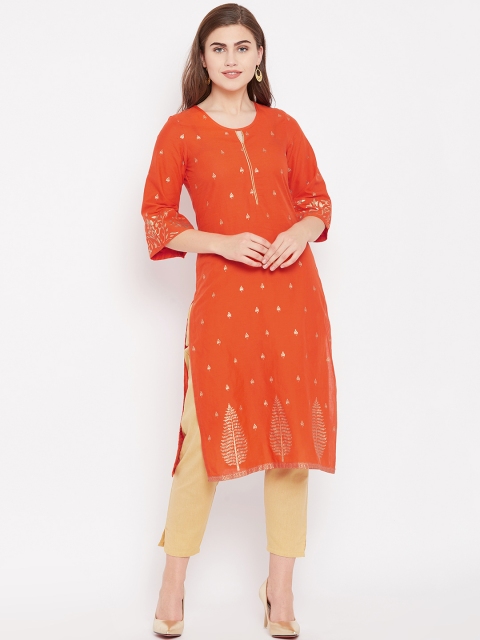 Rangriti Women Orange Printed Straight Kurta