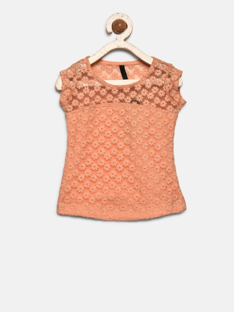 United Colors of Benetton Girls Peach-Coloured Self Design Net Top
