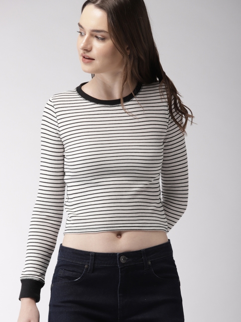FOREVER 21 Women White & Black Striped Crop Semi-Sheer Top