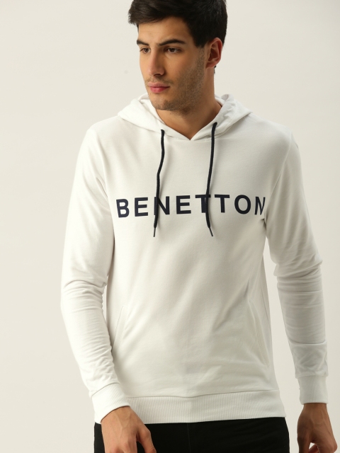 United Colors of Benetton Men White Printed Hooded Sweatshirt