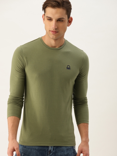 United Colors of Benetton Men Olive Green Solid Henley T-shirt