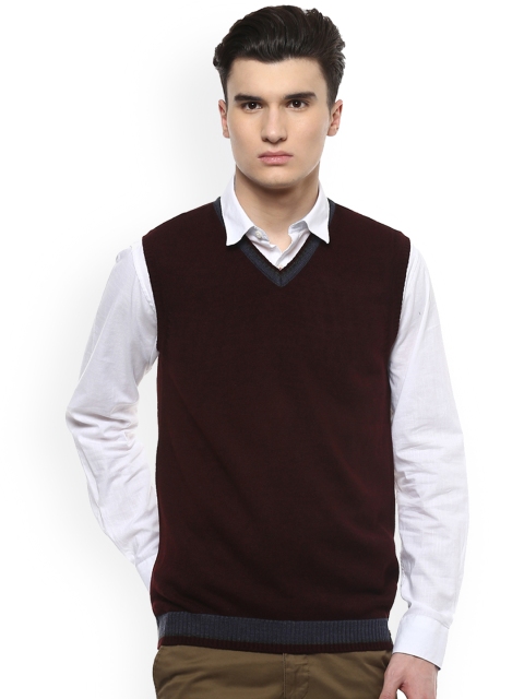 Peter England Men Maroon Solid Sweater Vest