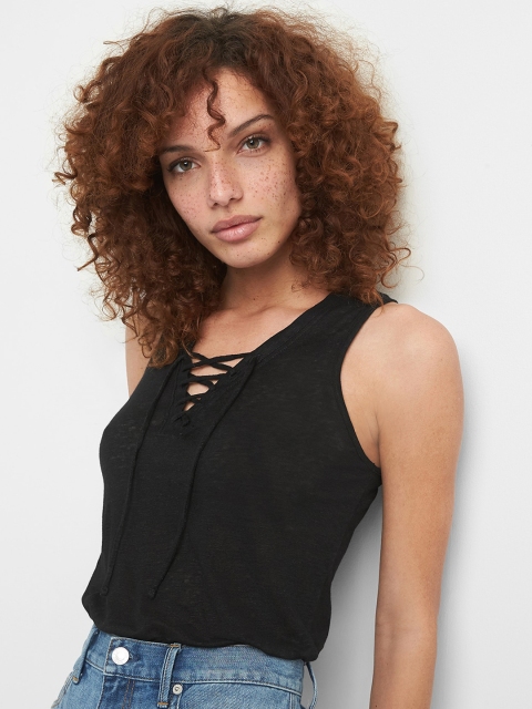 GAP Women Black Lace-Up Top In Linen