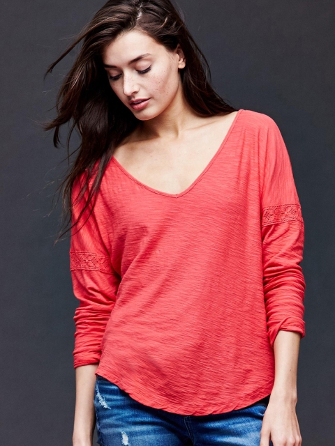 GAP Women Pink Long Sleeve Lace-Trim Top