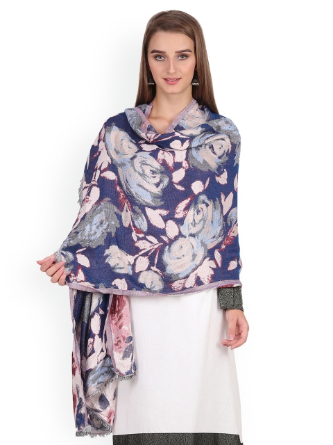 Anekaant Women Navy blue & Off-White Printed Shawl