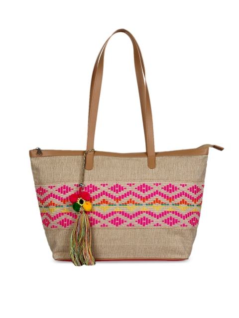 Anekaant Beige & Pink Self Design Shoulder Bag