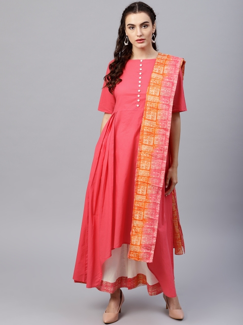 Nayo Women Pink & Off-White Solid Kurta with Palazzos & Dupatta