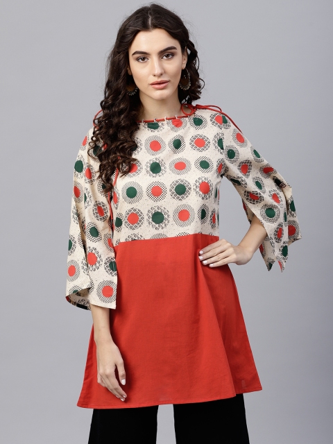 Nayo Beige & Red Printed A-line Tunic