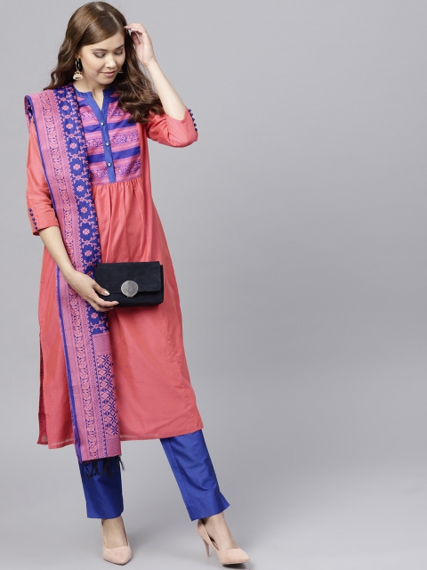 Jaipur Kurti Women Pink & Blue Yoke Design Kurta with Trousers & Dupatta