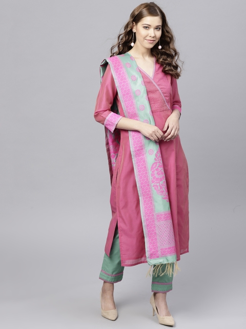 Jaipur Kurti Women Pink & Green Yoke Design Kurta with Trousers & Dupatta