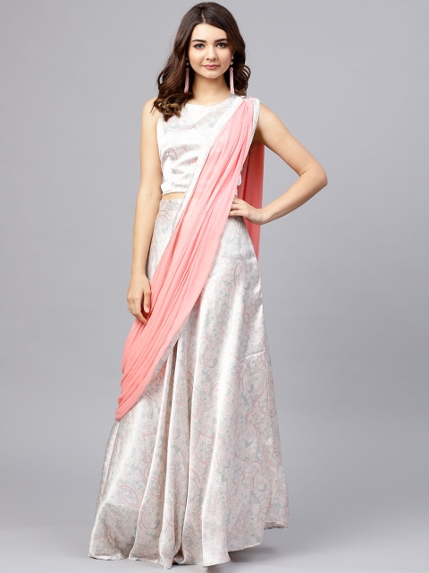 Inddus Off-White & Pink Printed Lehenga Saree