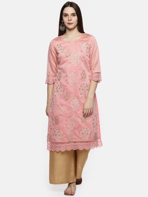 TRISHAA BY PANTALOONS Women Pink & Beige Embroidered Straight Kurta 
TRISHAA BY PANTALOONS Women Pink & Beige Embroidered Straight Kurta