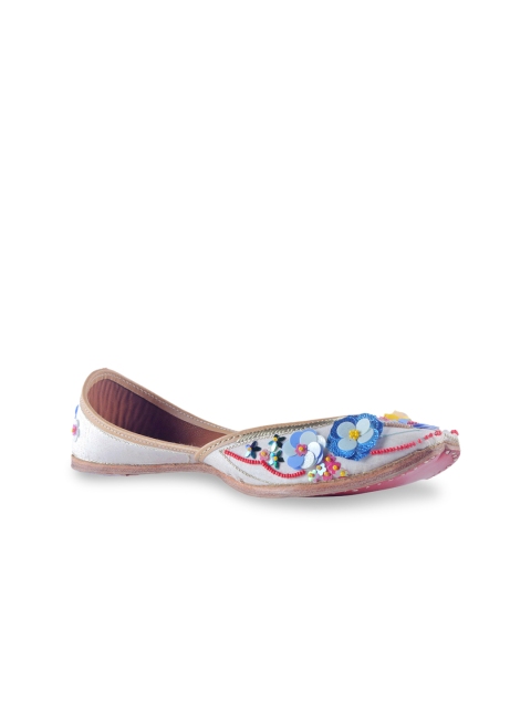 MSC Women White Woven Design Leather Mojaris