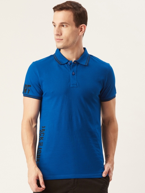 Jack & Jones Men Blue Solid Polo Collar T-shirt