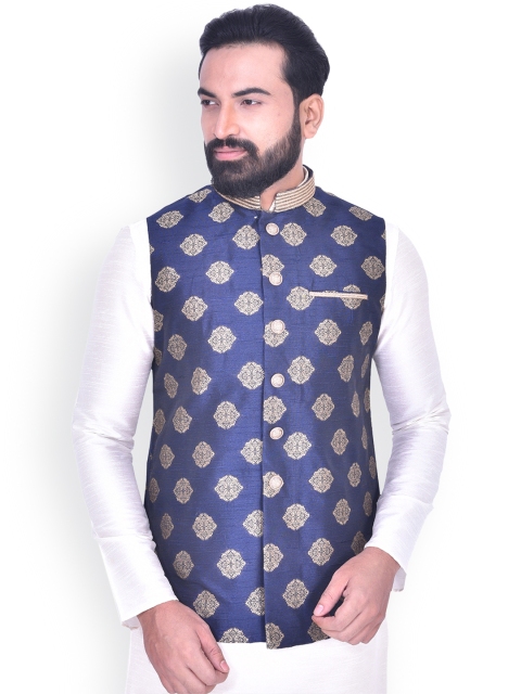 Manyavar Men Blue & Beige Woven Design Nehru Jacket