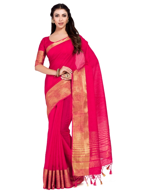 MIMOSA Coral Red Linen Blend Solid Kanjeevaram Saree