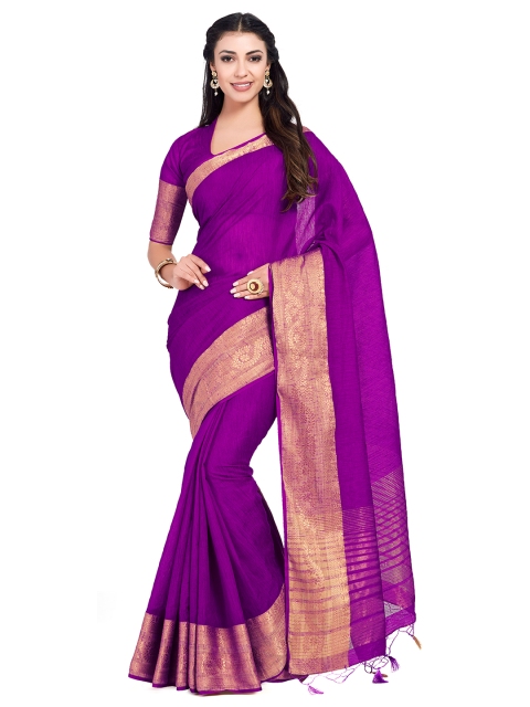 MIMOSA Purple Linen Blend Solid Kanjeevaram Saree