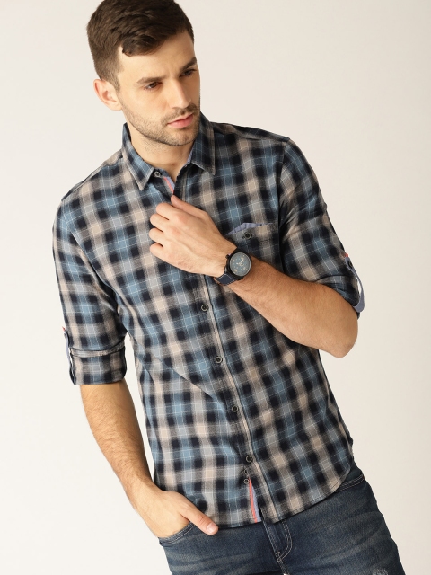 United Colors of Benetton Men Blue & Grey Slim Fit Checked Casual Shirt
