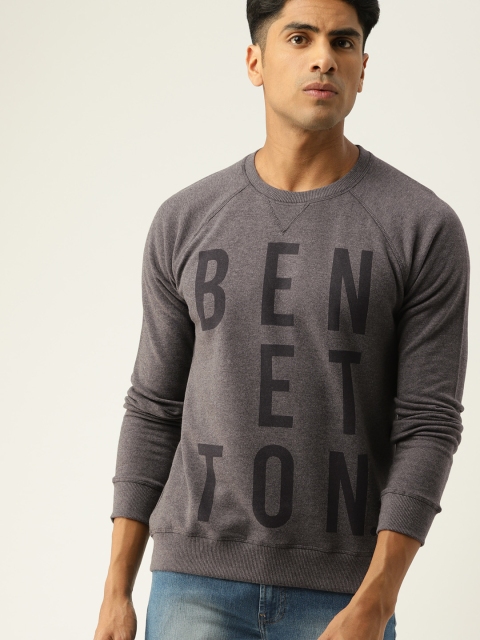 United Colors of Benetton Men Charcoal Grey Printed Sweatshirt