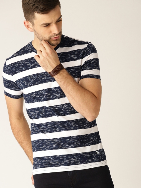 United Colors of Benetton Men Navy & White Striped Round Neck T-shirt, Navy blue