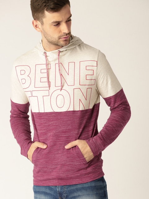 United Colors of Benetton Men Off-White & Maroon Colourblocked Hooded T-shirt