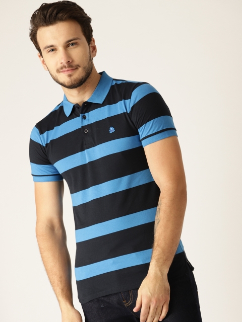 United Colors of Benetton Men Blue & Black Striped Polo Collar T-shirt