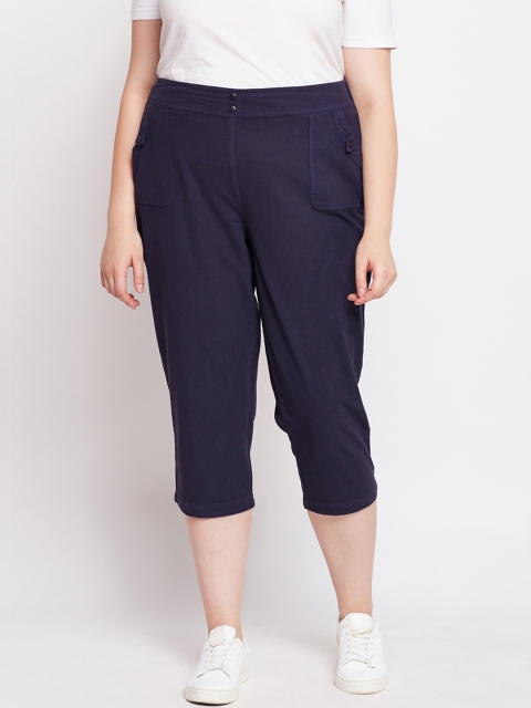 Oxolloxo Women Navy Blue Regular Fit Solid Regular Trousers
